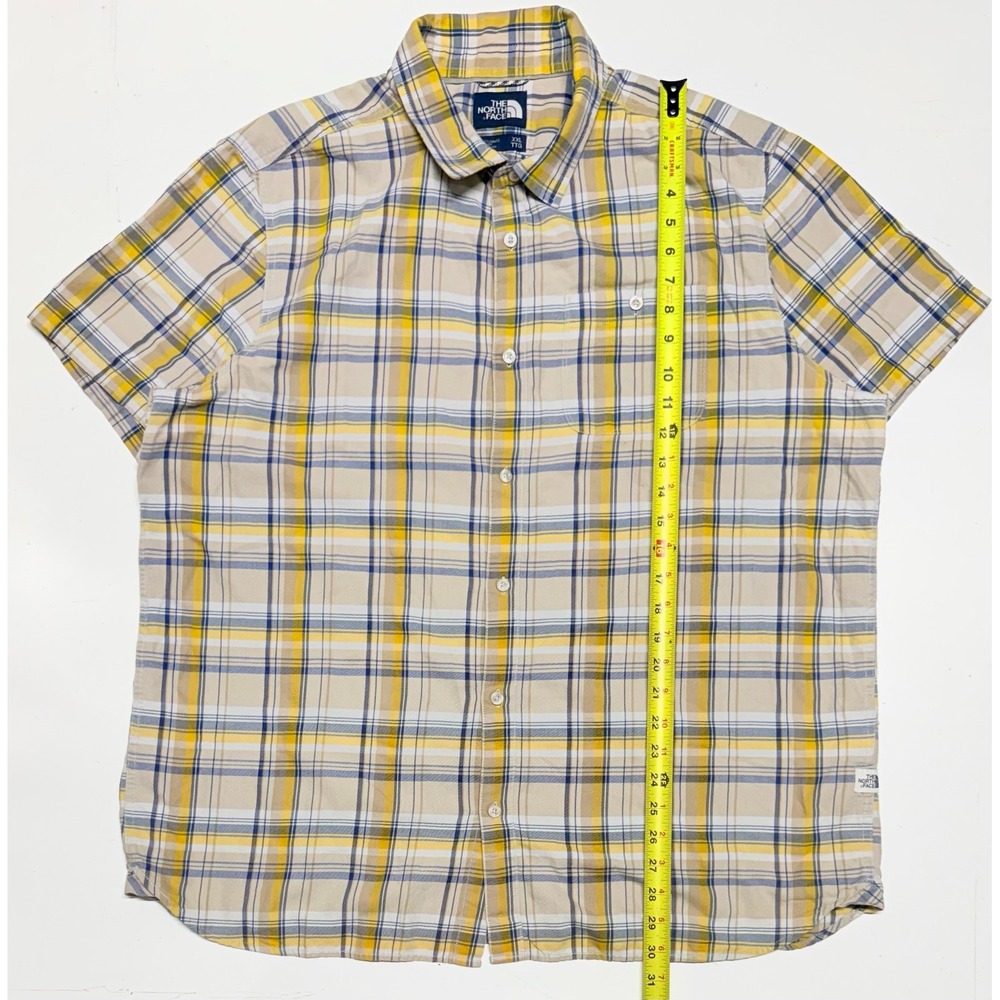 The North Face Mens XXL Plaid Short Sleeve Button Down Shirt Yellow Blue Hiking